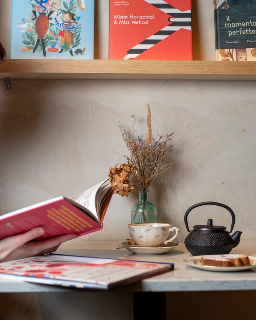 A close-up of books and details in the shop