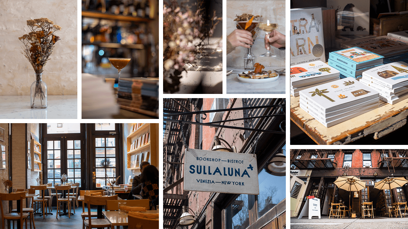 A collage of books, food, cocktails and the Sullaluna space